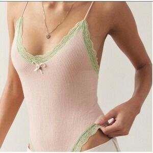 NEW Out From Under Urban Outfitters Lace Trim Bodysuit‎ Medium Pink/Green